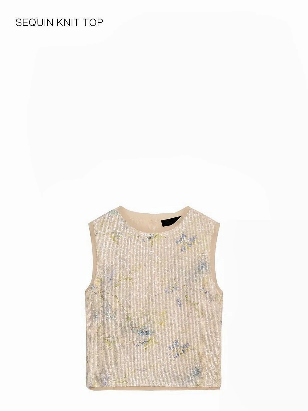 Zara Sequin Knit Top Floral Tank Cream & Blue Size Medium